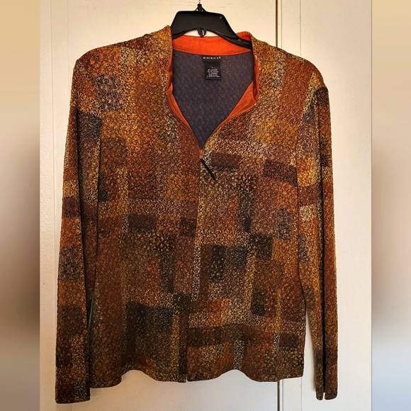 Citiknits Top Womens Large Brown Textured Full Front Zip Stretches Long Sleeves - Picture 1 of 6